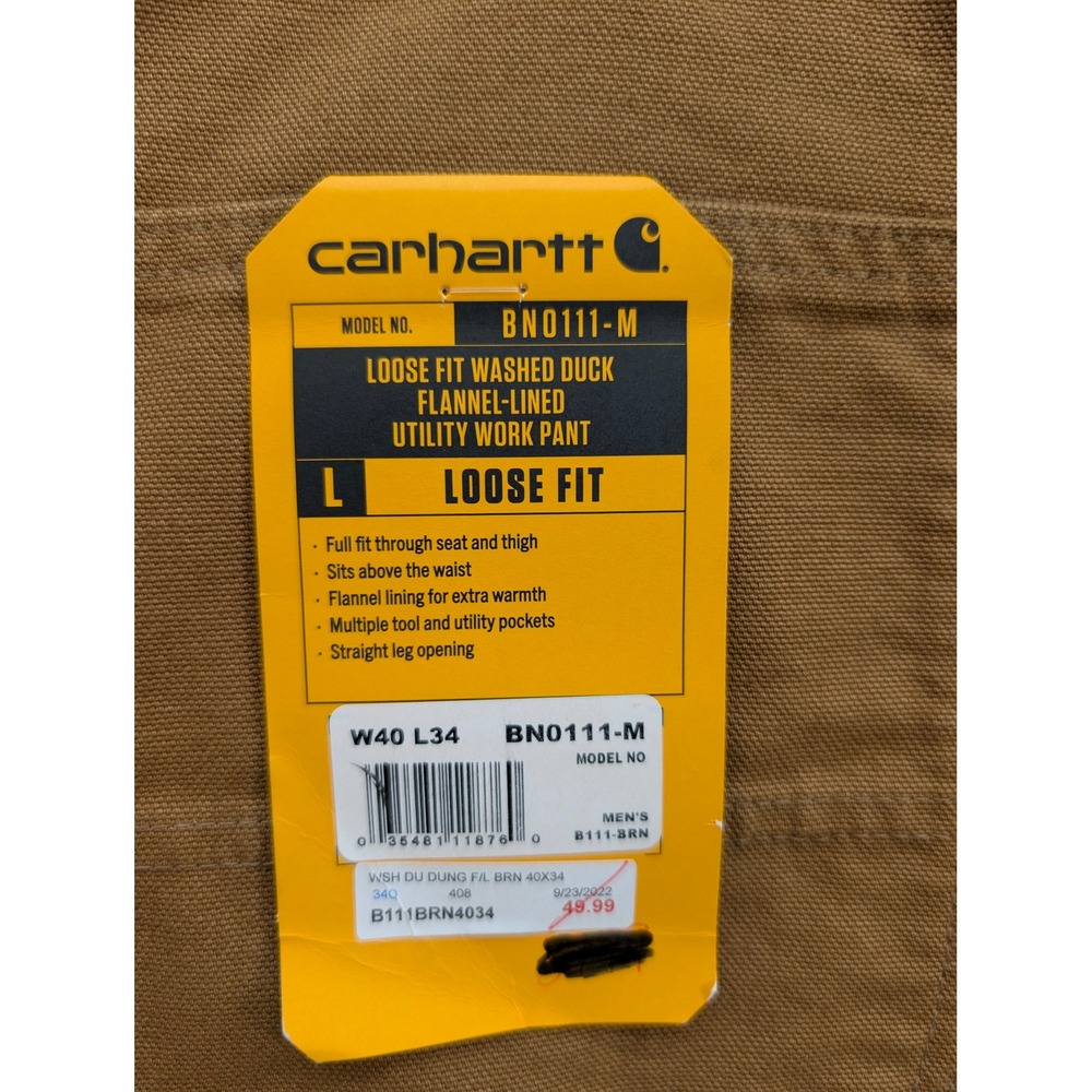 Carhartt‎ Loose Fit Washed Duck Flannel Lined Utility Work Pants 40x34 Brown NWT - Picture 12 of 13